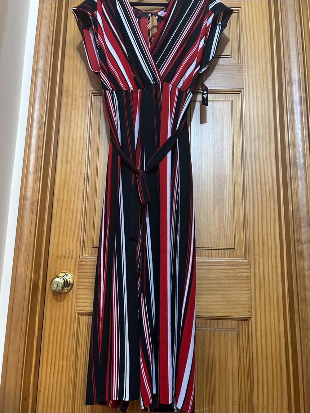 No Boundaries Red, Black & White Striped V-Neck Jumpsuit with Tie Waist